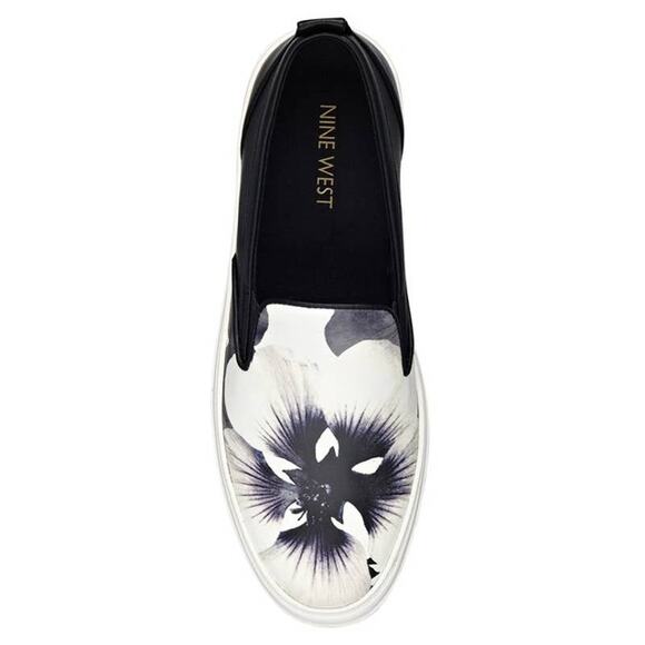 Nine West Shoes - Nine West WOLSEN Black White Floral Bold Pansy Slip On Platform‎ Sneakers 5.5M